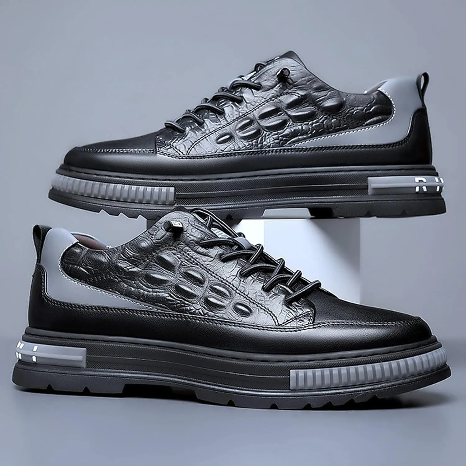 Men's Crocodile Pattern Waterproof Cowhide Shoes,Height Lifting Non-Slip Casual Softsole Oxford Fashion Leather Lace-Up Sneaker