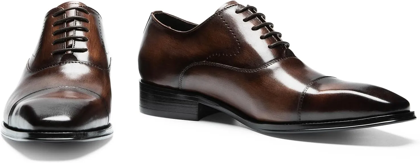 Men's Dress Shoes Cap Toe Oxford - Genuine Full Grain Leather Lace-Up Formal Office Shoes for Men