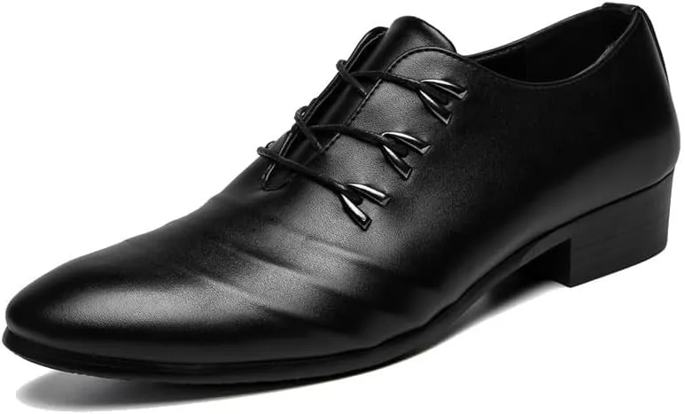 Men's Genuine Leather Oxford Shoes - Modern Low Top Pointed Toe Tuxedo Derby Shoes with Soft Rubber Sole for Formal Occasions