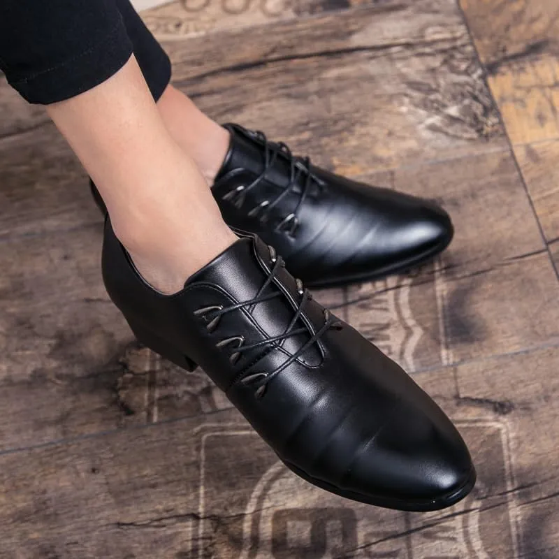 Men's Genuine Leather Oxford Shoes - Modern Low Top Pointed Toe Tuxedo Derby Shoes with Soft Rubber Sole for Formal Occasions