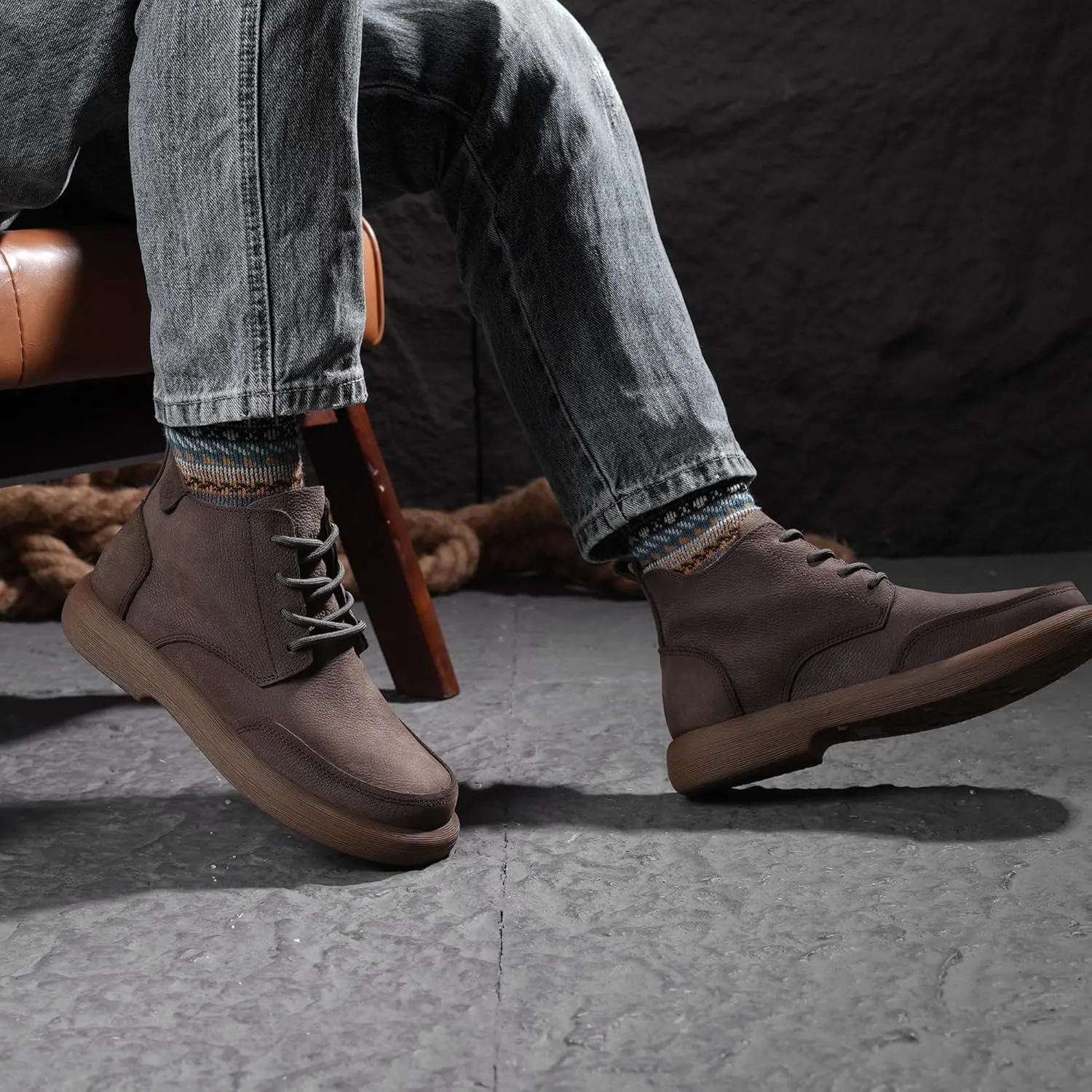 Mens Lace Up Cowboy Boots, Casual Fashion Wide Ankle Western Chukka Shoes Slip On Chelsea Wedge Boots, Comfortable Round Toe Retro Stylich