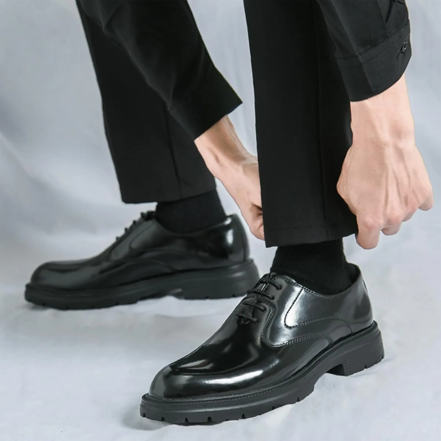 Men's Leather Dress Platform Oxford Shoes Classic Round Toe Lace Up Comfort Non Slip Casual Derby Shoes for Business Office Wedding