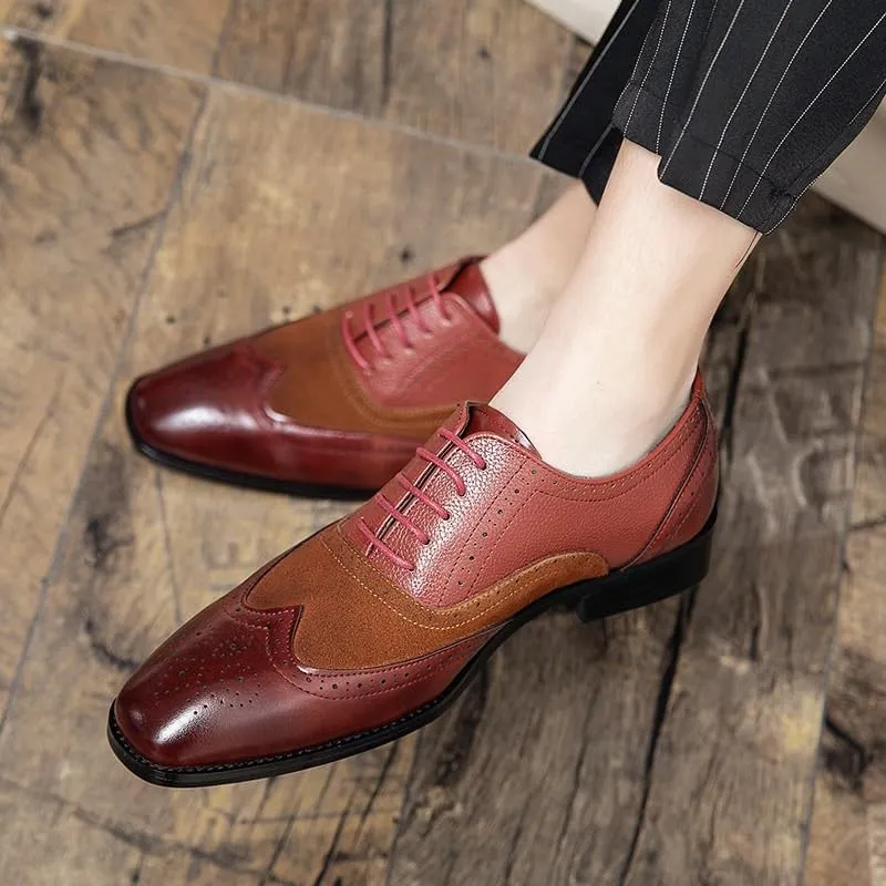 Men's Leather lace-up Oxford Shoes Classic Wingtip Two-Tone Patchwork Brogues Fashionable Toes Slip-on Leather Shoes
