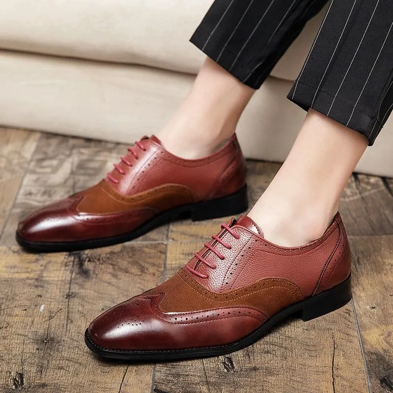 Men's Leather lace-up Oxford Shoes Classic Wingtip Two-Tone Patchwork Brogues Fashionable Toes Slip-on Leather Shoes