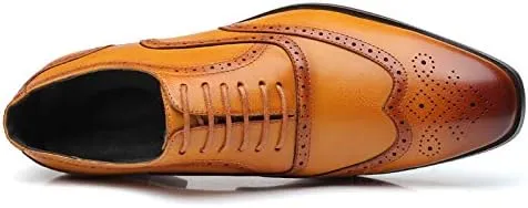Men's Leather Oxford Wingtip Dress Shoes, Brogue Pattern, Tan Brown, Lace-up