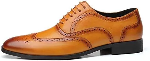 Men's Leather Oxford Wingtip Dress Shoes, Brogue Pattern, Tan Brown, Lace-up