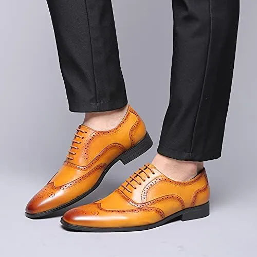 Men's Leather Oxford Wingtip Dress Shoes, Brogue Pattern, Tan Brown, Lace-up