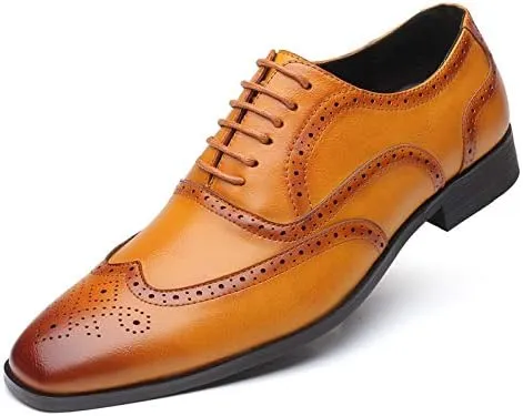 Men's Leather Oxford Wingtip Dress Shoes, Brogue Pattern, Tan Brown, Lace-up