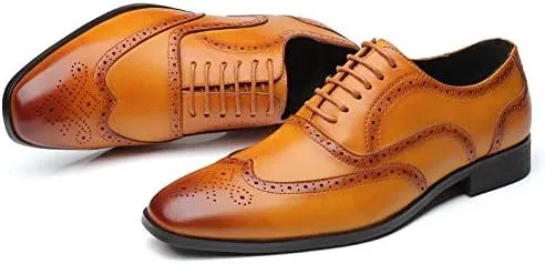 Men's Leather Oxford Wingtip Dress Shoes, Brogue Pattern, Tan Brown, Lace-up