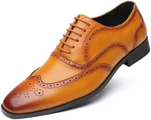 Men's Leather Oxford Wingtip Dress Shoes, Brogue Pattern, Tan Brown, Lace-up