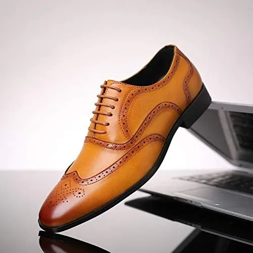 Men's Leather Oxford Wingtip Dress Shoes, Brogue Pattern, Tan Brown, Lace-up