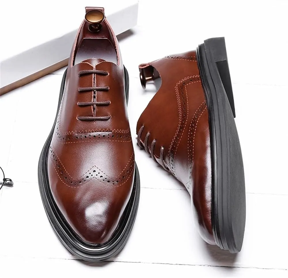 Mens Oxford Dress Shoes Business Lace Up Wingtip Round Toe Faux Leather Anti Slip Rubber Sole Low Top Party Comfortable