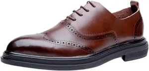 Mens Oxford Dress Shoes Business Lace Up Wingtip Round Toe Faux Leather Anti Slip Rubber Sole Low Top Party Comfortable