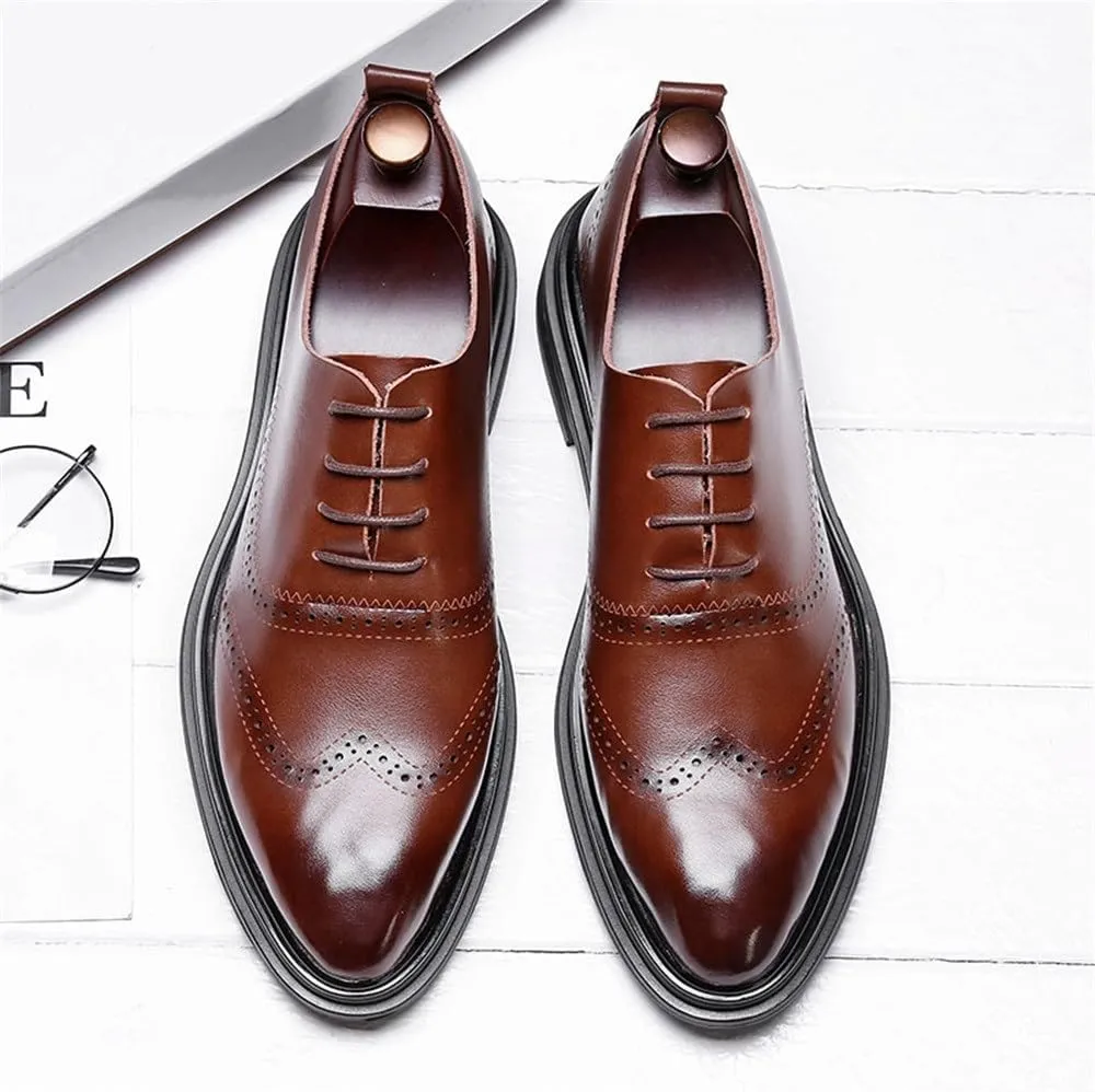 Mens Oxford Dress Shoes Business Lace Up Wingtip Round Toe Faux Leather Anti Slip Rubber Sole Low Top Party Comfortable