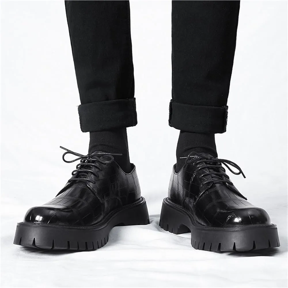 Mens Oxford Dress Shoes Casual Comfort Orthopedic Soft Leather Lace Up Retro Platform Thick Outsole Chunky Heel Outdoor