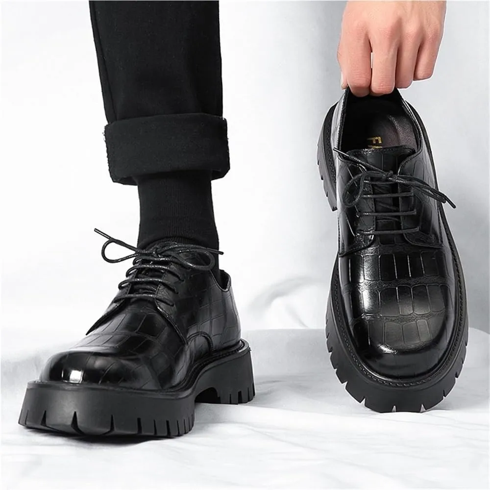 Mens Oxford Dress Shoes Casual Comfort Orthopedic Soft Leather Lace Up Retro Platform Thick Outsole Chunky Heel Outdoor