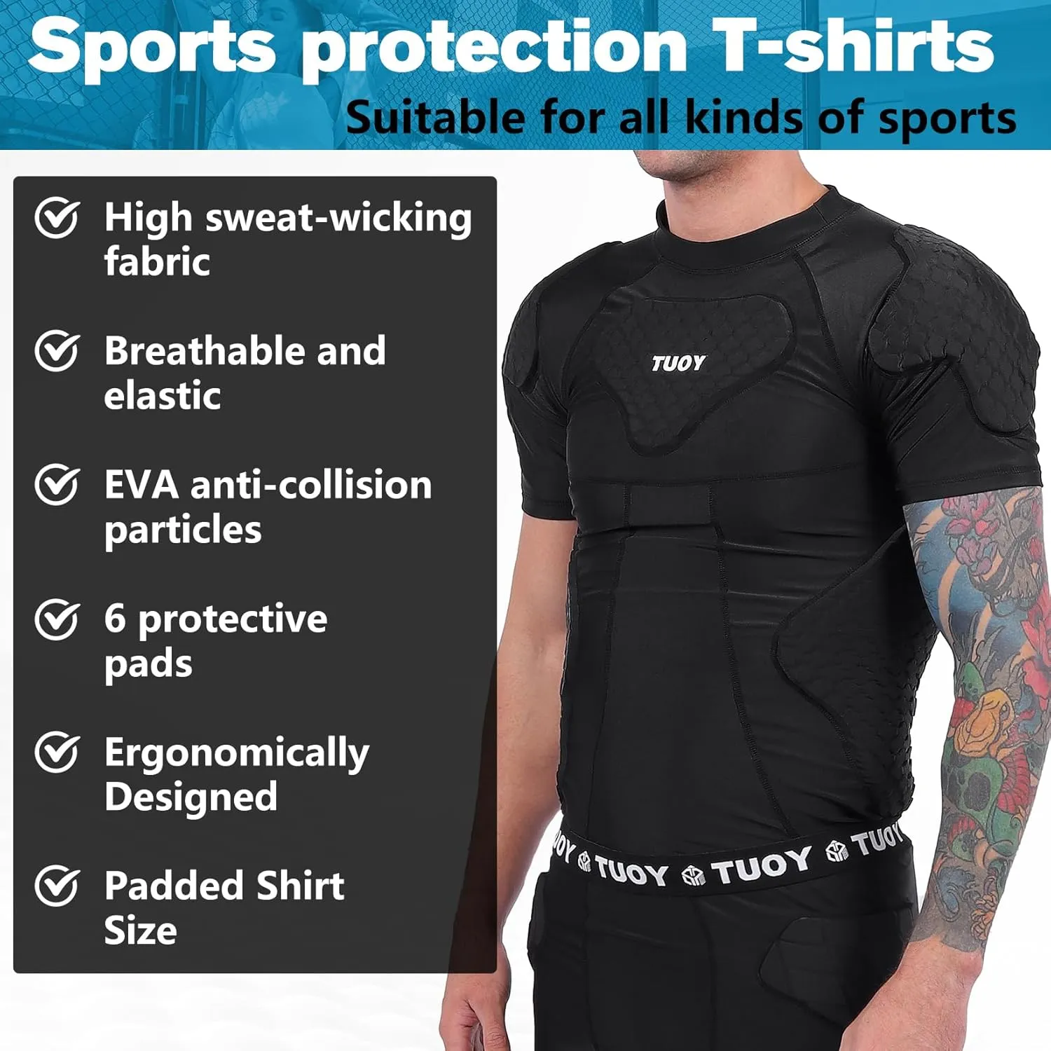 Men's Padded Compression Shirt Football Shoulder Pad Rib Protector, Chest Guard for Adult Baseball Basketball Protective Gear
