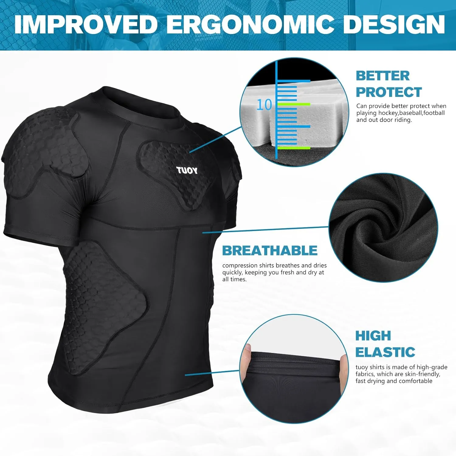 Men's Padded Compression Shirt Football Shoulder Pad Rib Protector, Chest Guard for Adult Baseball Basketball Protective Gear