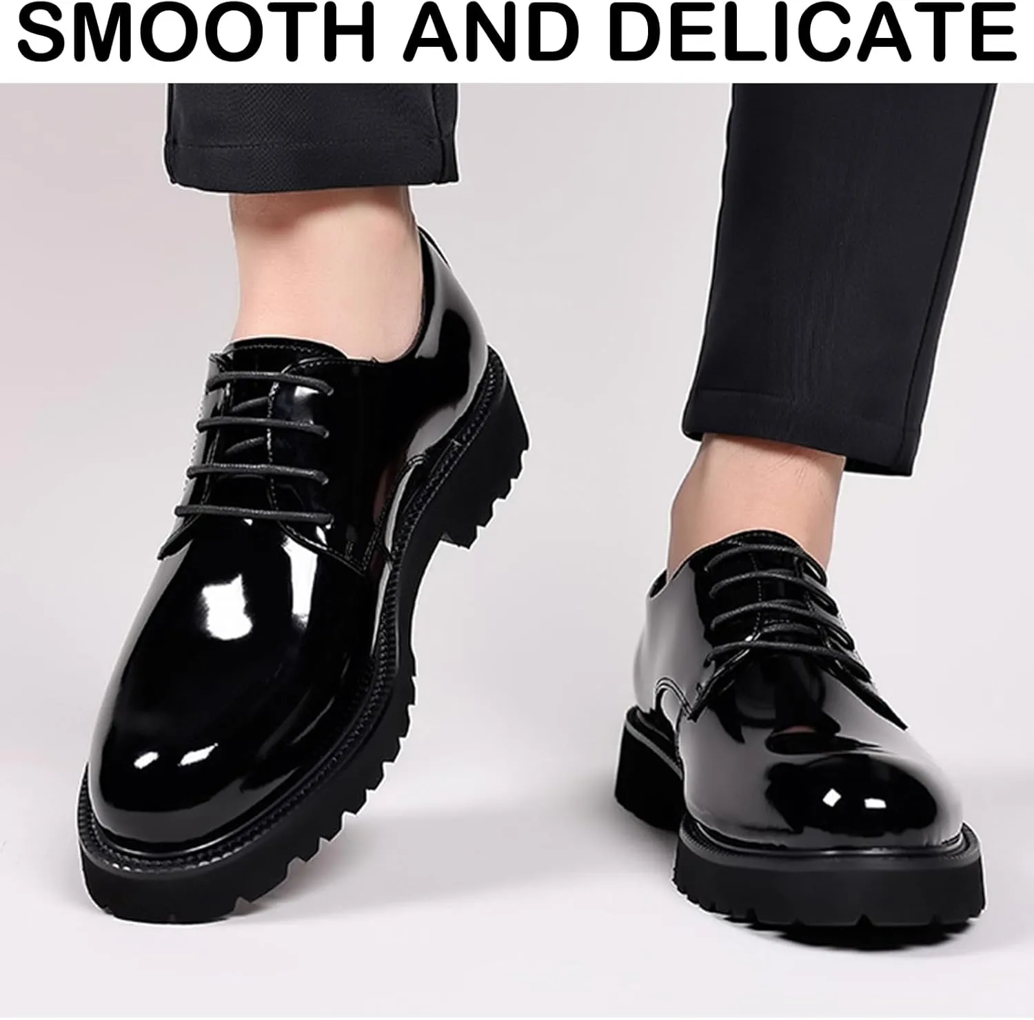 Men's Patent Leather Lace Up Platform Work Oxfords Round Toe Slip Resistant Low Top Lug Sole Brogues Dress Shoes Comfortable Business Formal Shoes