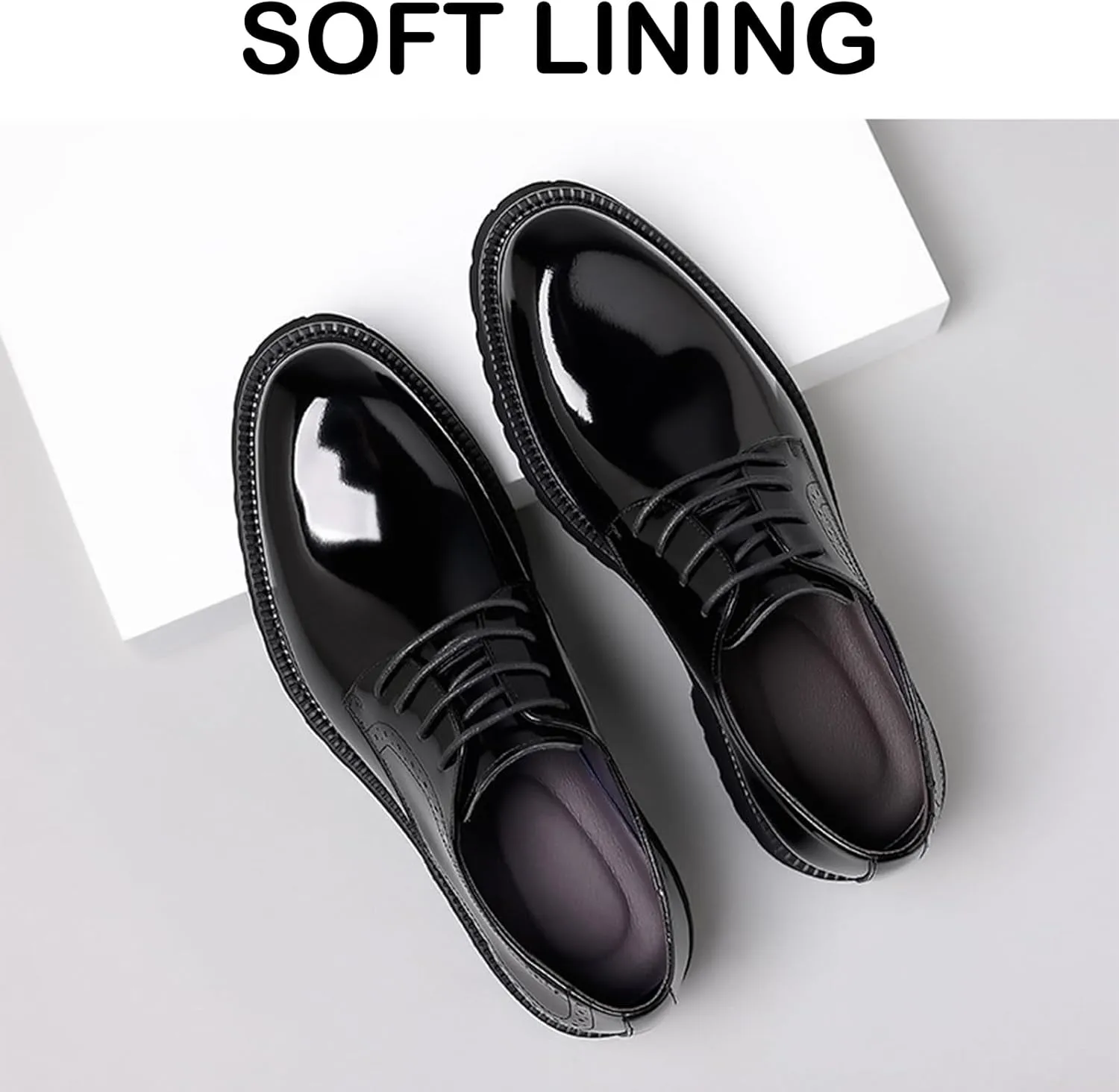 Men's Patent Leather Lace Up Platform Work Oxfords Round Toe Slip Resistant Low Top Lug Sole Brogues Dress Shoes Comfortable Business Formal Shoes