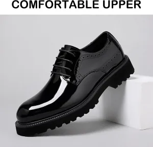 Men's Patent Leather Lace Up Platform Work Oxfords Round Toe Slip Resistant Low Top Lug Sole Brogues Dress Shoes Comfortable Business Formal Shoes