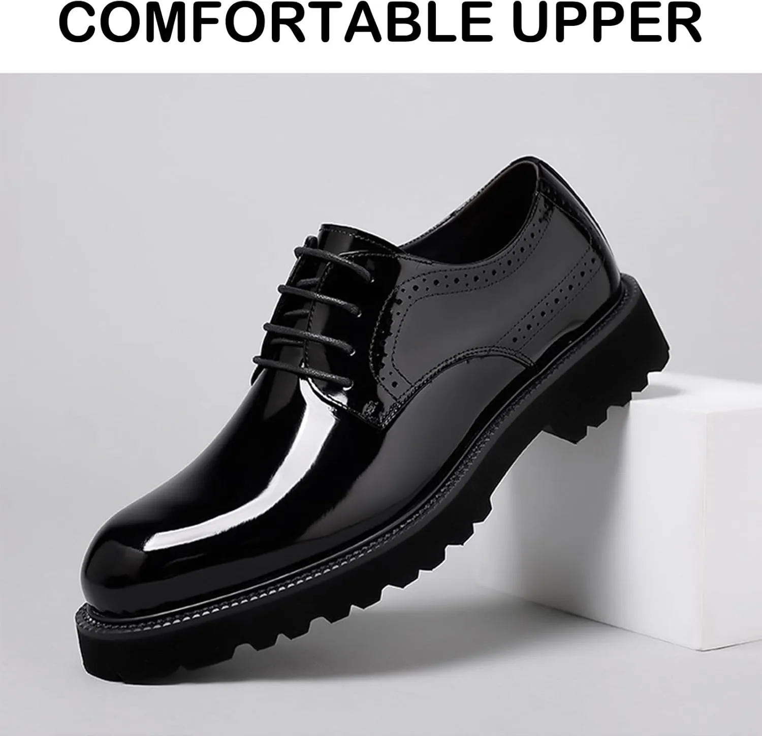 Men's Patent Leather Lace Up Platform Work Oxfords Round Toe Slip Resistant Low Top Lug Sole Brogues Dress Shoes Comfortable Business Formal Shoes