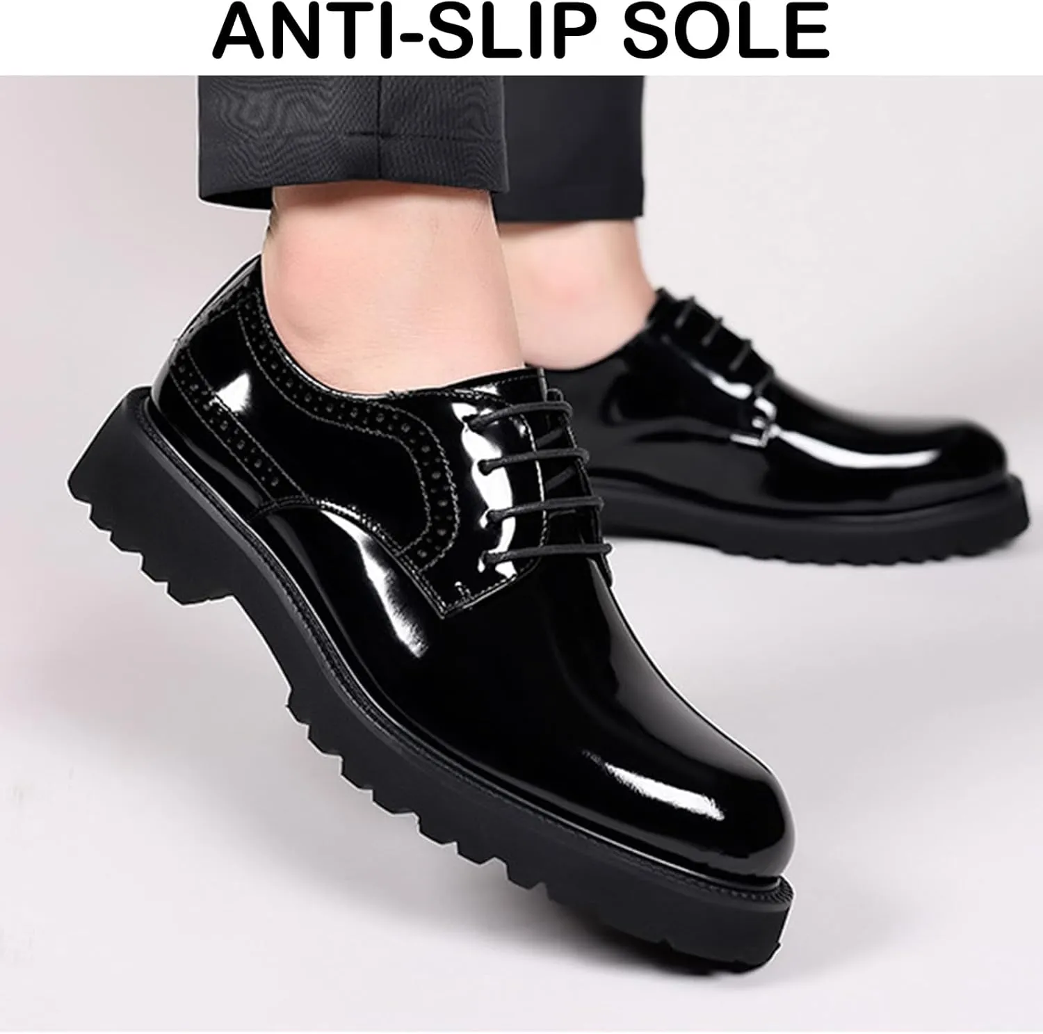 Men's Patent Leather Lace Up Platform Work Oxfords Round Toe Slip Resistant Low Top Lug Sole Brogues Dress Shoes Comfortable Business Formal Shoes