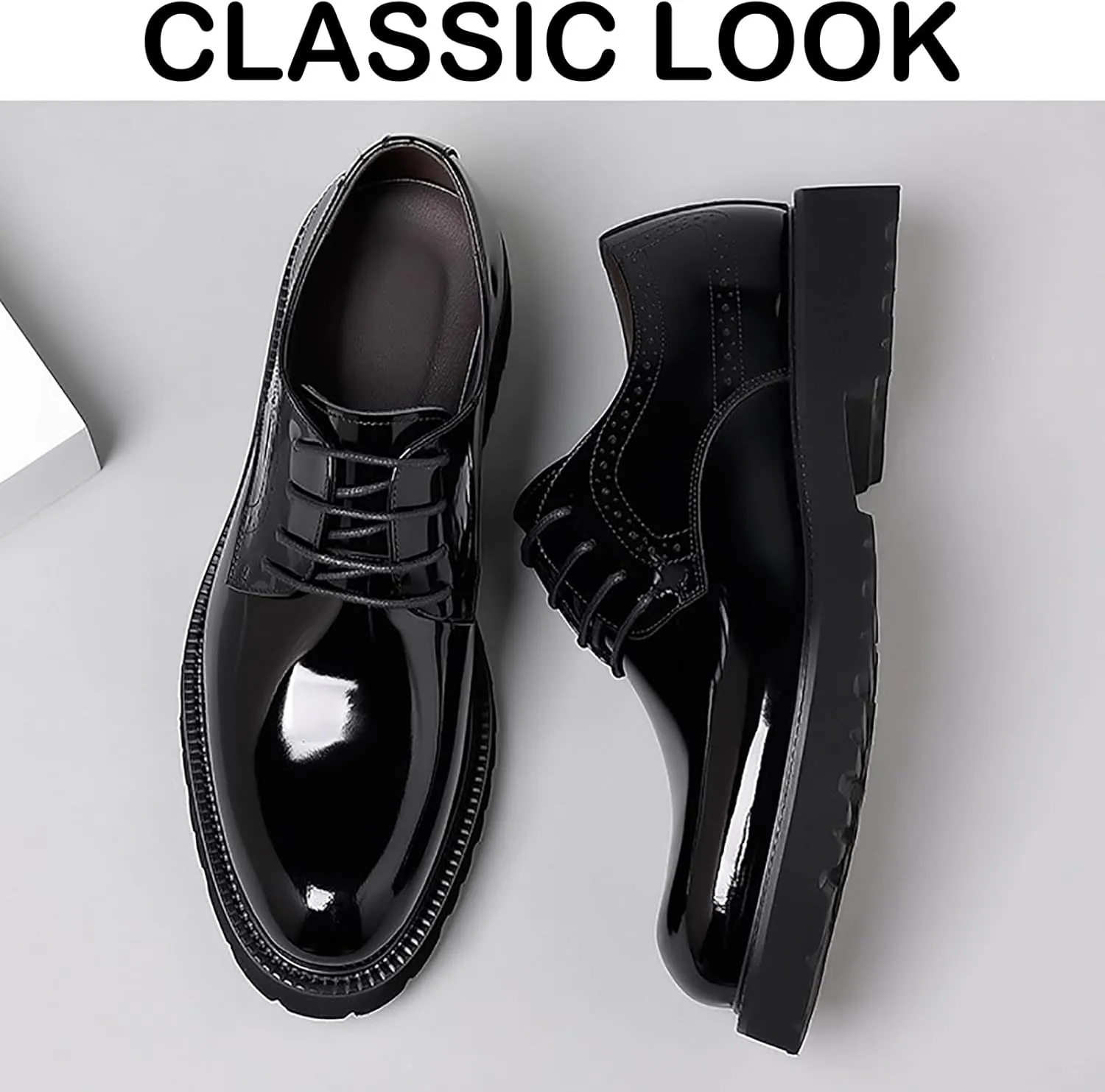 Men's Patent Leather Lace Up Platform Work Oxfords Round Toe Slip Resistant Low Top Lug Sole Brogues Dress Shoes Comfortable Business Formal Shoes