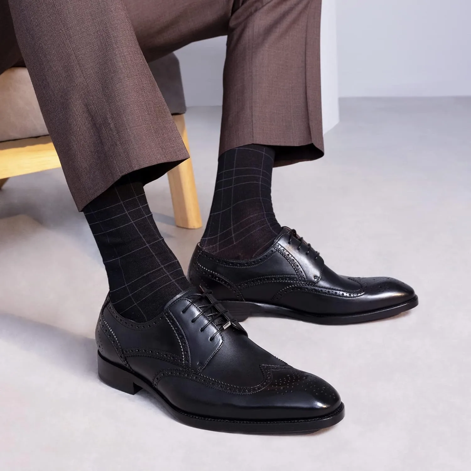 Men's Round Toe Dress Oxfords Shoes Brogue Genuine Leather Lace-Up Oxford Derby Shoes