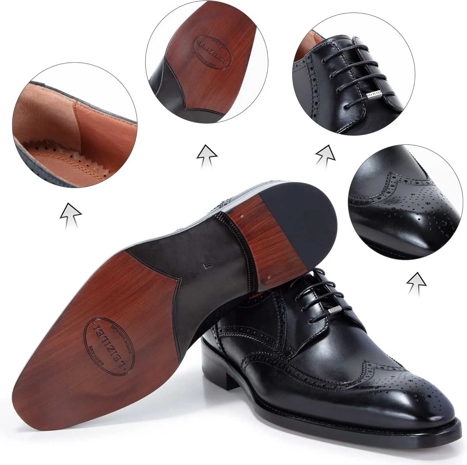 Men's Round Toe Dress Oxfords Shoes Brogue Genuine Leather Lace-Up Oxford Derby Shoes