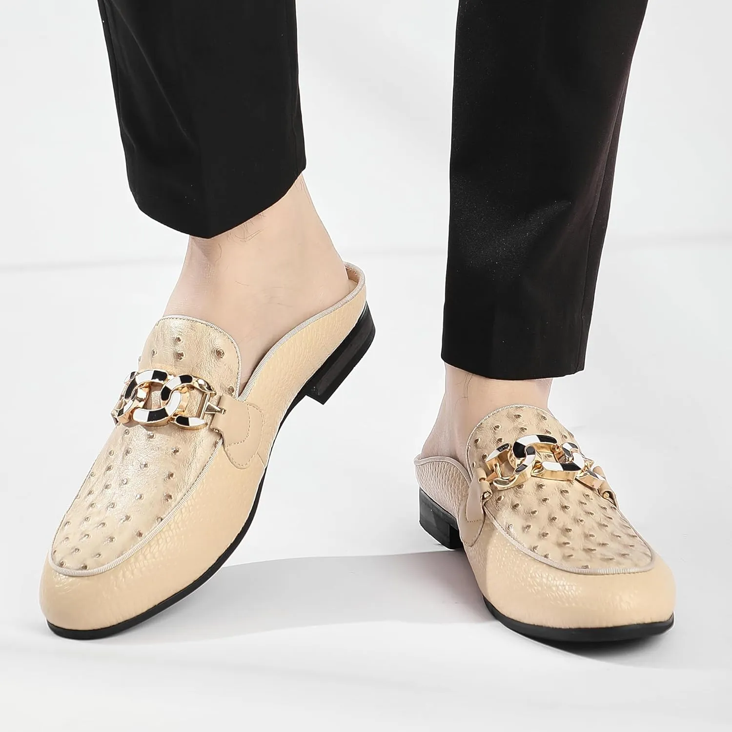 Men's Slip-on Mule Sandals Loafer with Gold Buckle,Fashion Leather Formal Wear Casual Backless Dress Slippers