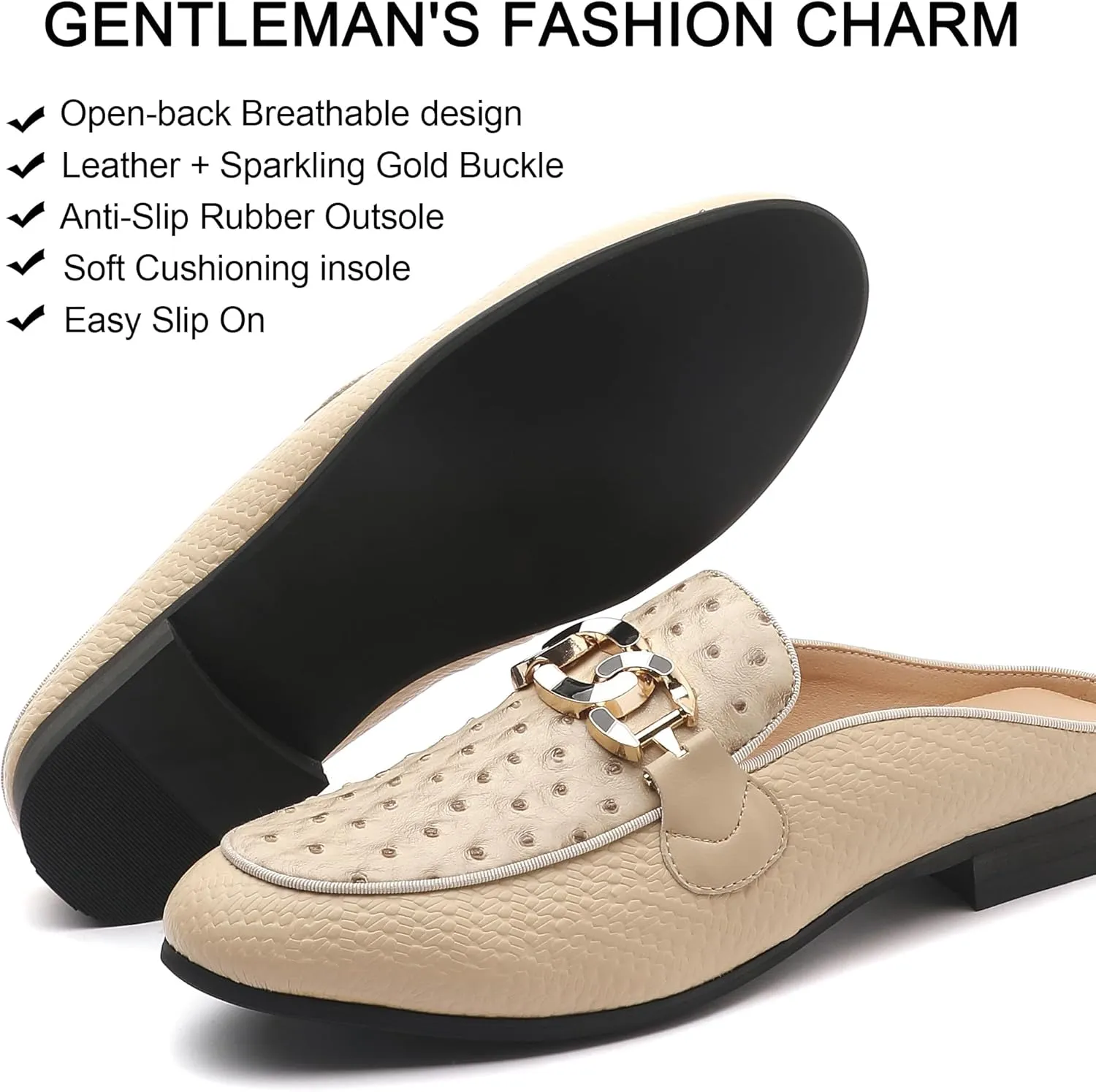 Men's Slip-on Mule Sandals Loafer with Gold Buckle,Fashion Leather Formal Wear Casual Backless Dress Slippers