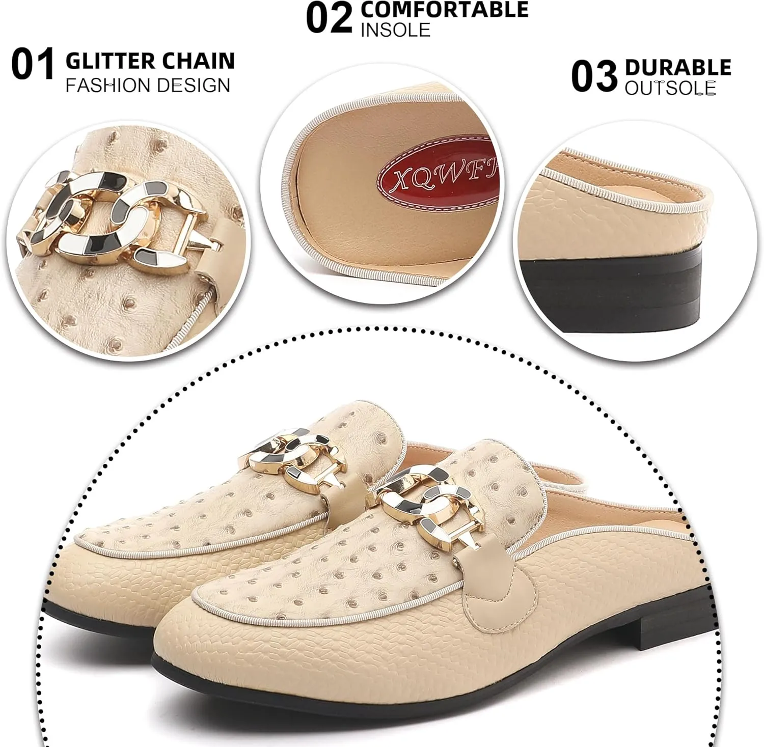 Men's Slip-on Mule Sandals Loafer with Gold Buckle,Fashion Leather Formal Wear Casual Backless Dress Slippers
