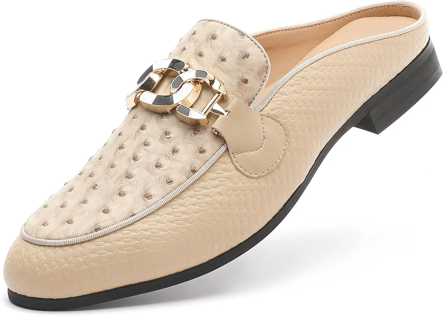 Men's Slip-on Mule Sandals Loafer with Gold Buckle,Fashion Leather Formal Wear Casual Backless Dress Slippers