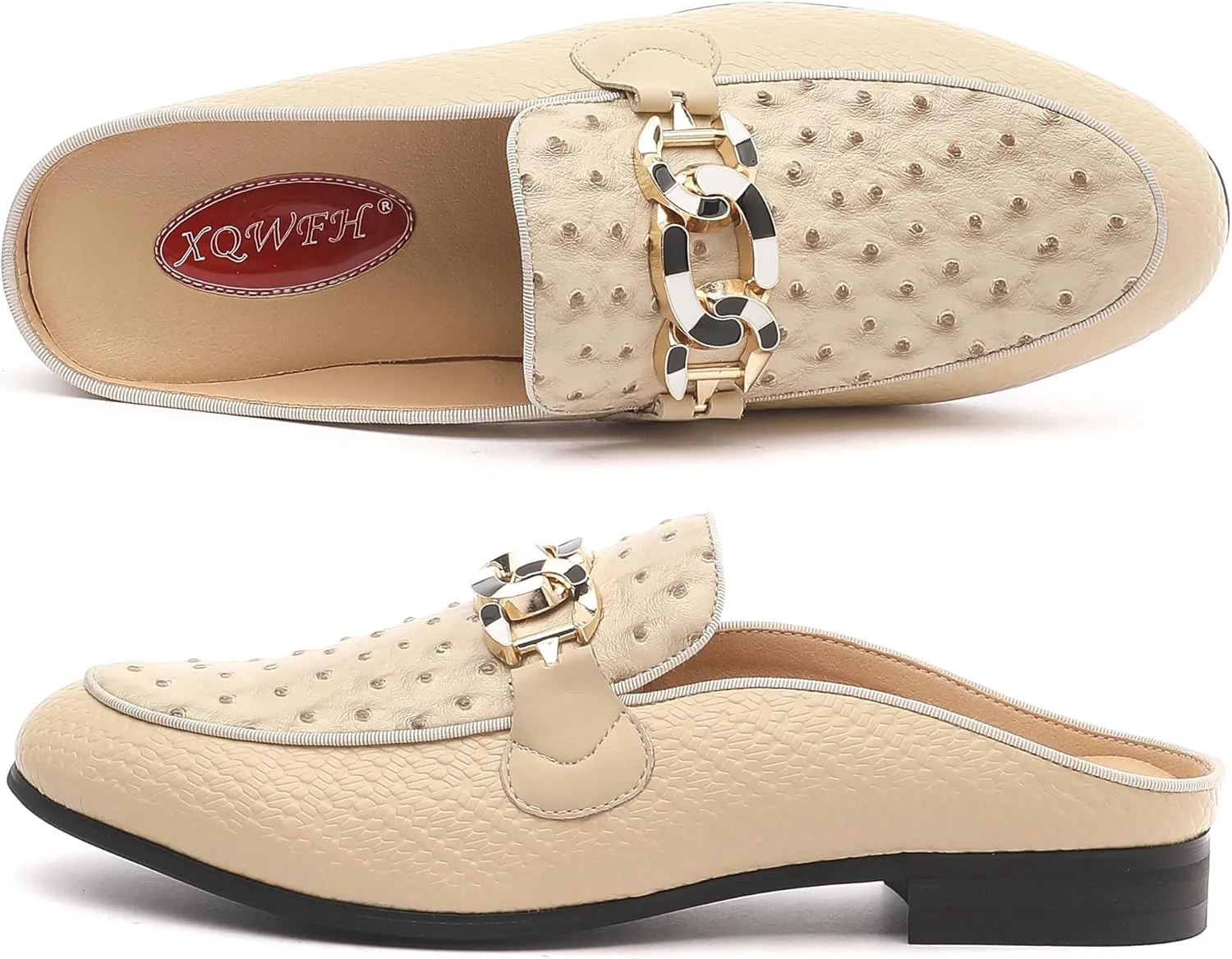Men's Slip-on Mule Sandals Loafer with Gold Buckle,Fashion Leather Formal Wear Casual Backless Dress Slippers