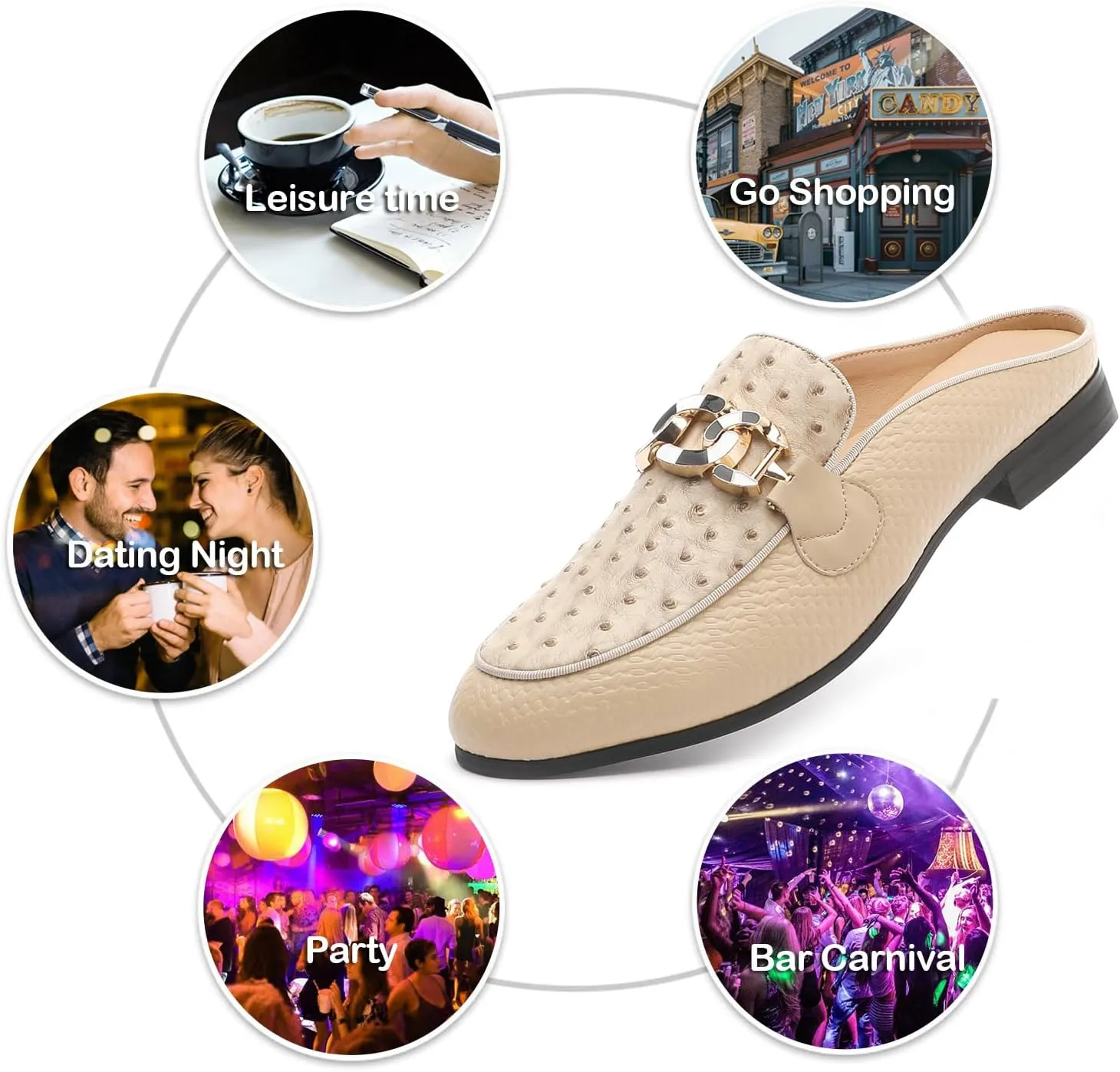 Men's Slip-on Mule Sandals Loafer with Gold Buckle,Fashion Leather Formal Wear Casual Backless Dress Slippers