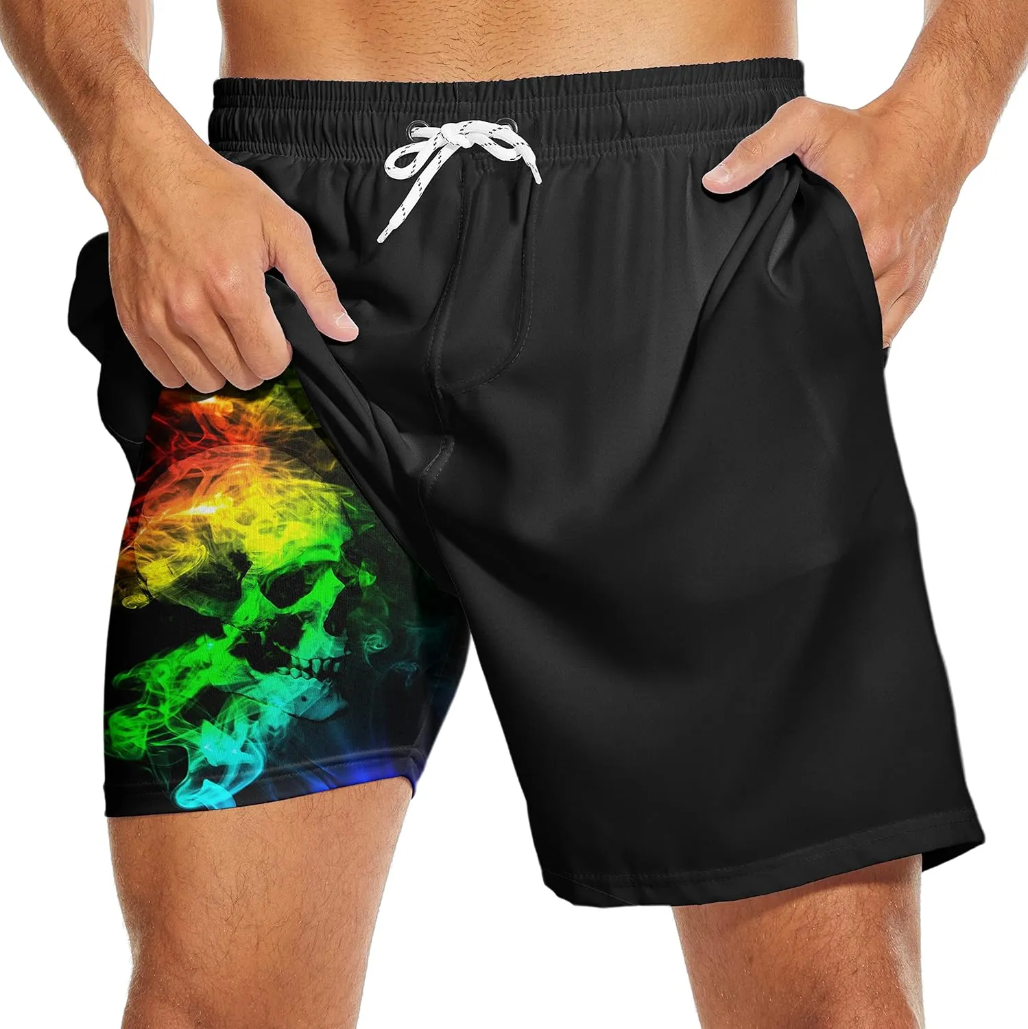 Mens Swim Trunks with Compression Liner 7" Bathing Suit Swimming Shorts Quick Dry Board Shorts Swimsuits with Pockets