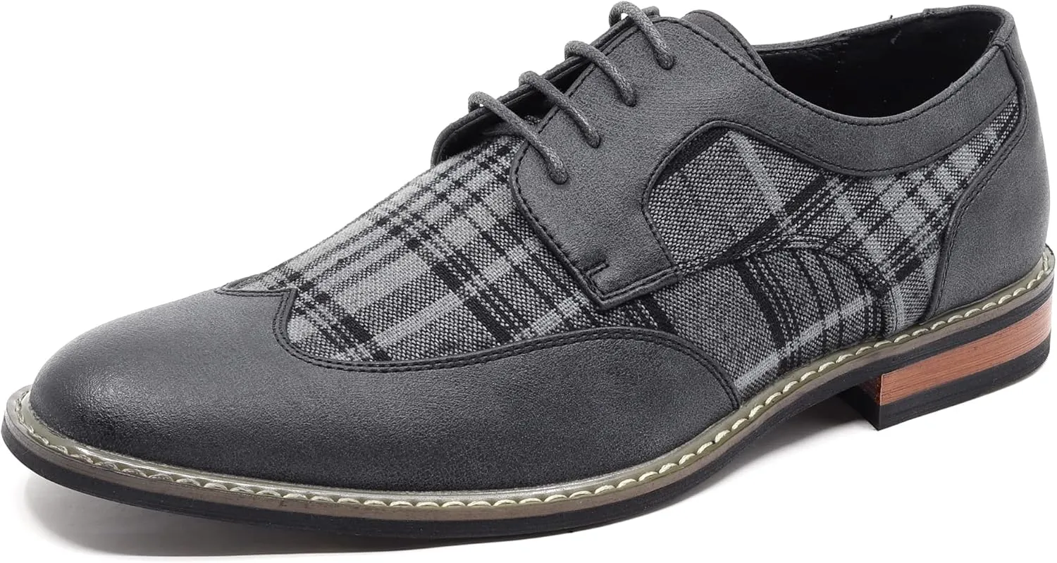 Metrocharm MET525-1 Men's Plaid Lace Up Wing Tip Classic Oxford Dress Shoes