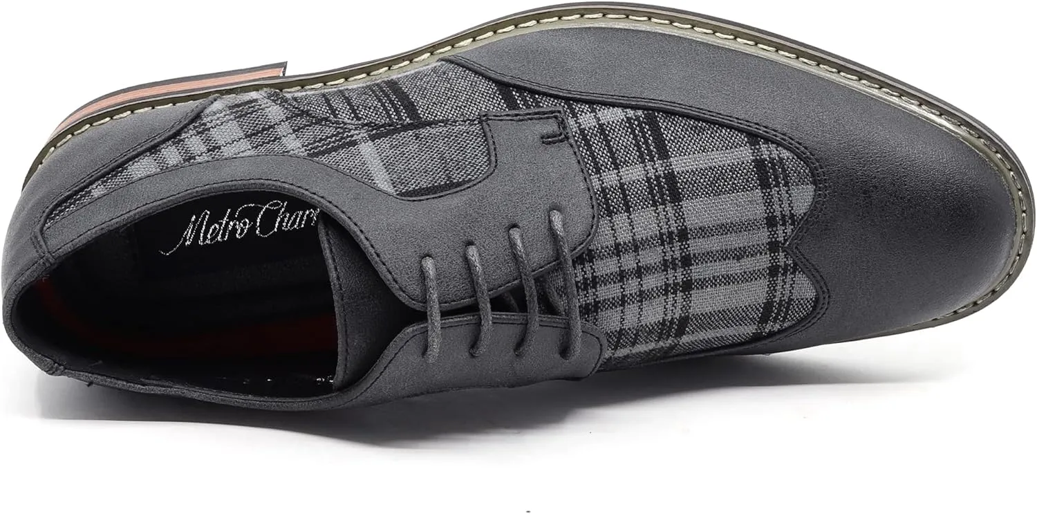 Metrocharm MET525-1 Men's Plaid Lace Up Wing Tip Classic Oxford Dress Shoes