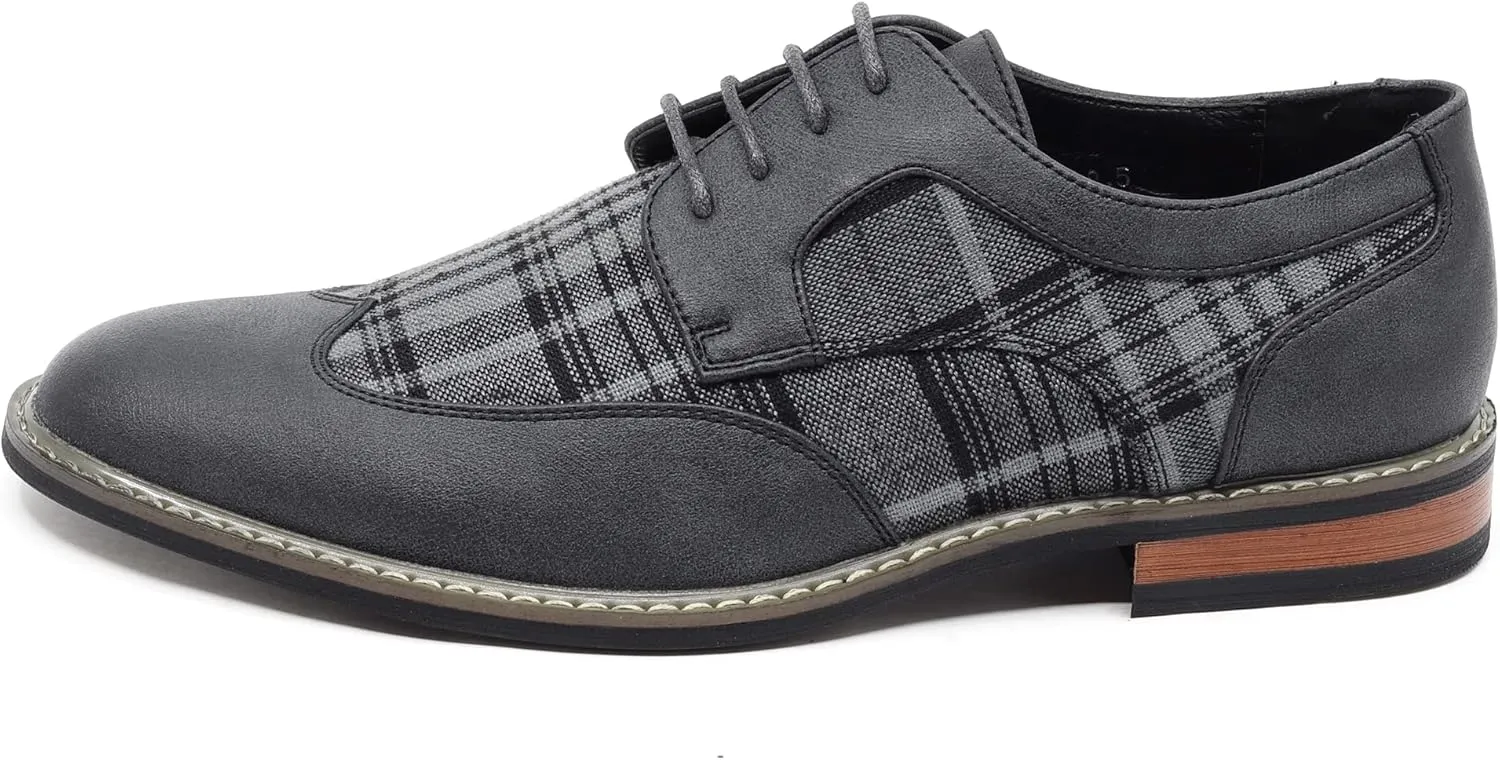 Metrocharm MET525-1 Men's Plaid Lace Up Wing Tip Classic Oxford Dress Shoes