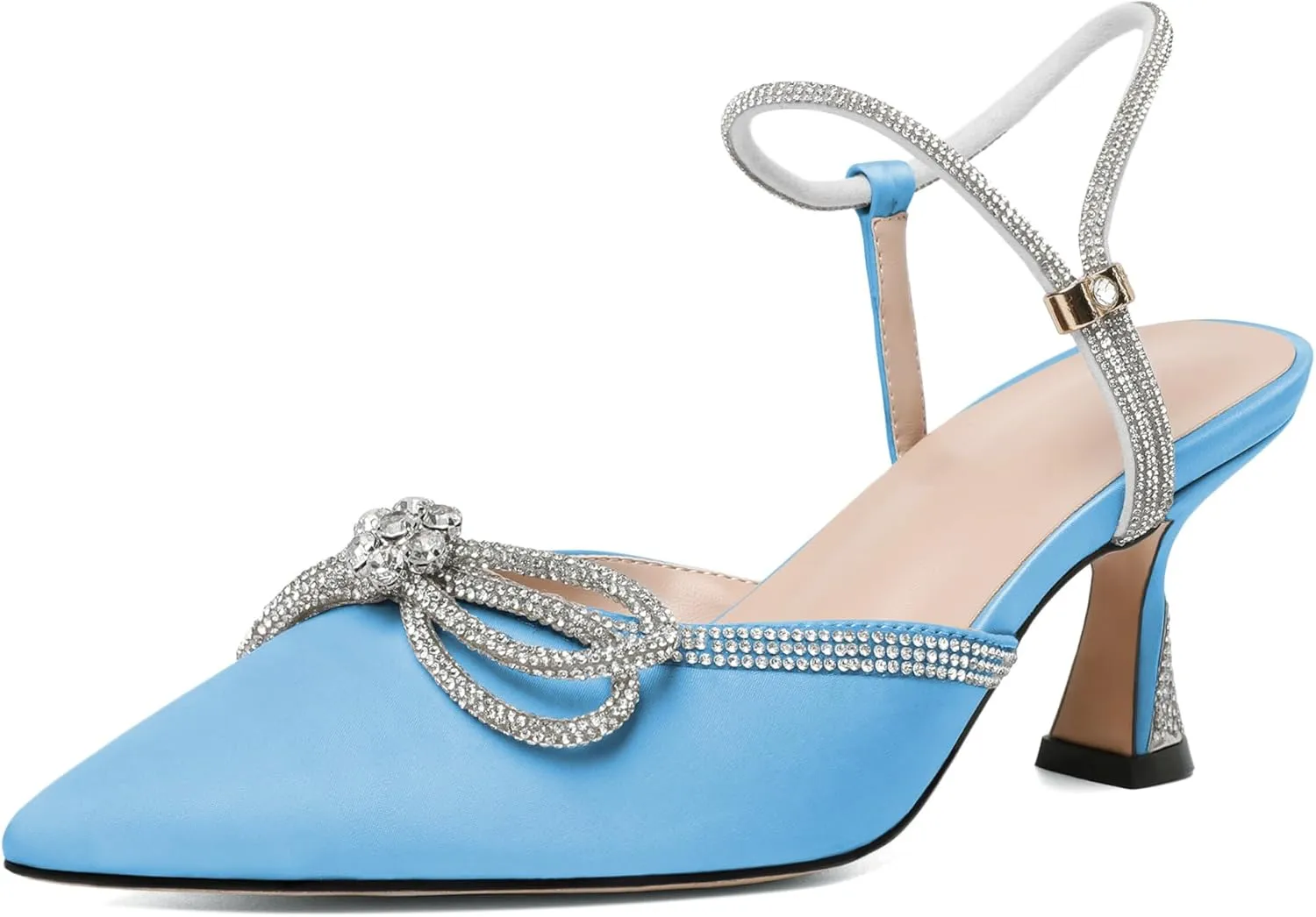 Mettesally Womens Rhinestone Bow Heels Pointed Toe Low Heeled Sandals Satin Shoes Ankle Strap Slingback Pumps Dress Shoes
