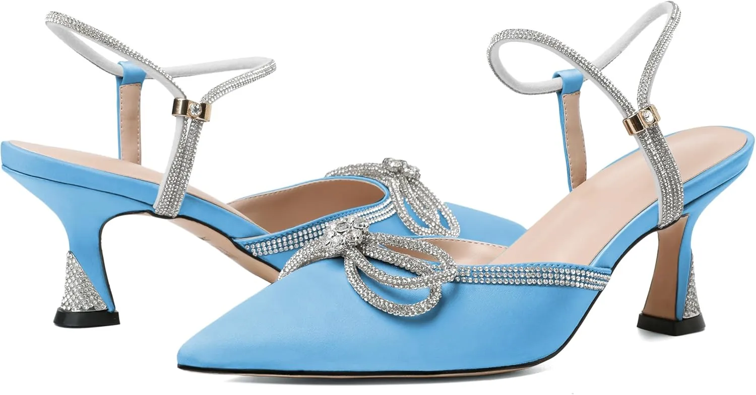 Mettesally Womens Rhinestone Bow Heels Pointed Toe Low Heeled Sandals Satin Shoes Ankle Strap Slingback Pumps Dress Shoes