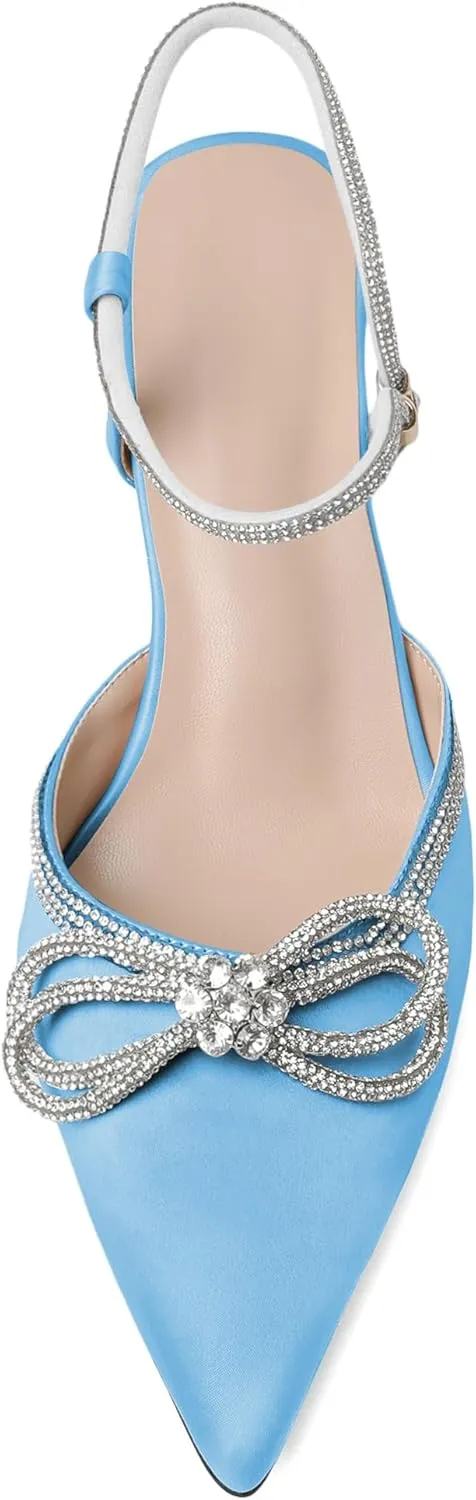 Mettesally Womens Rhinestone Bow Heels Pointed Toe Low Heeled Sandals Satin Shoes Ankle Strap Slingback Pumps Dress Shoes
