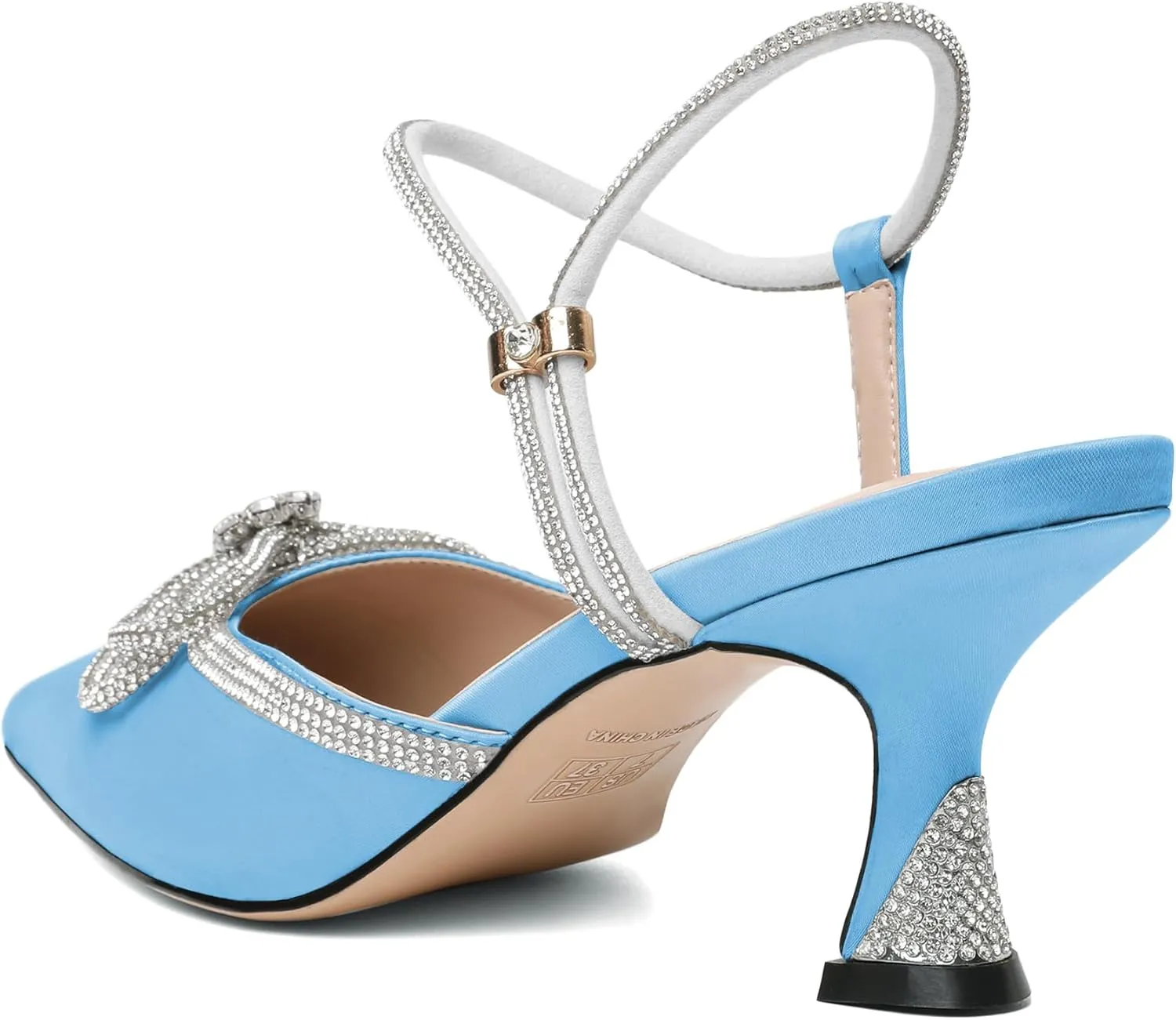 Mettesally Womens Rhinestone Bow Heels Pointed Toe Low Heeled Sandals Satin Shoes Ankle Strap Slingback Pumps Dress Shoes