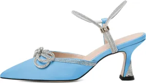 Mettesally Womens Rhinestone Bow Heels Pointed Toe Low Heeled Sandals Satin Shoes Ankle Strap Slingback Pumps Dress Shoes