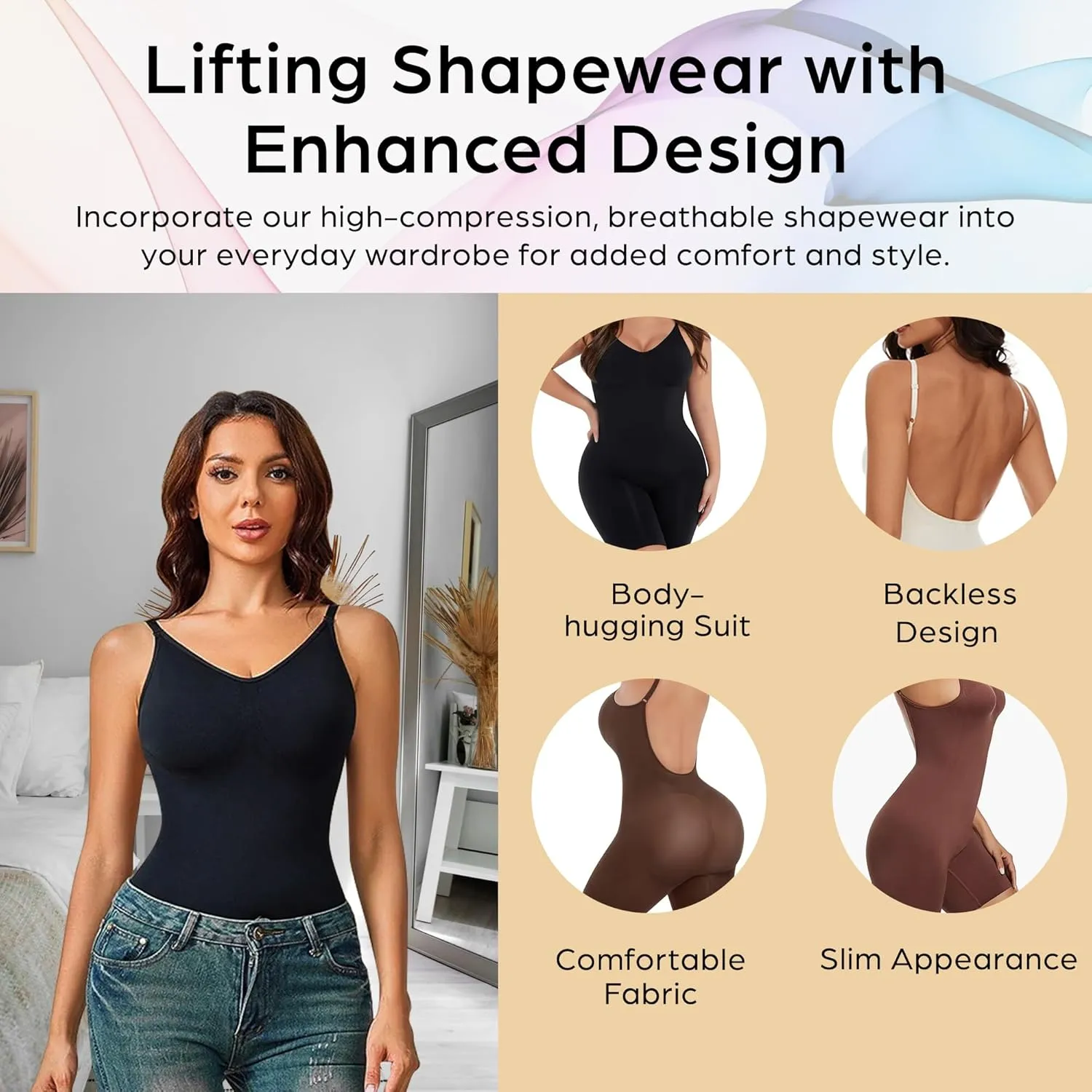 Mid Thigh Backless Shapewear Bodysuit for Women, Waist Trainer Tummy Control Body Shaper, Butt Lifter Body Suit