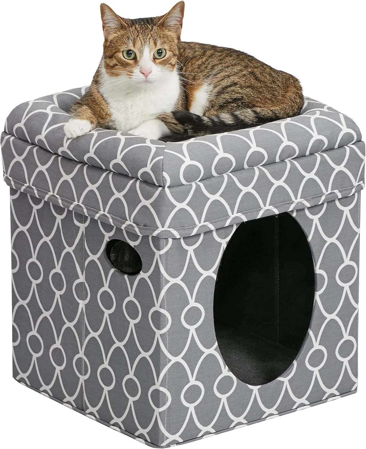 MidWest Homes for Pets Cat Cube Cozy Cat House/Cat Condo in Fashionable Gray Geo Print 15.5L x 15.5W x 16.5H Inches