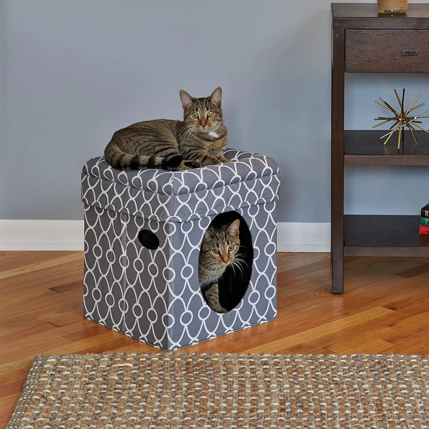 MidWest Homes for Pets Cat Cube Cozy Cat House/Cat Condo in Fashionable Gray Geo Print 15.5L x 15.5W x 16.5H Inches