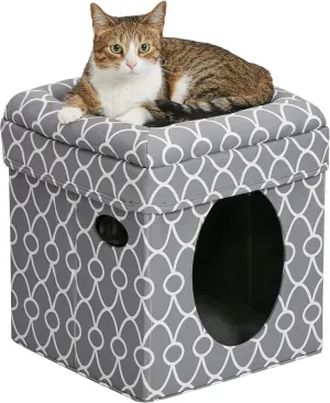 MidWest Homes for Pets Cat Cube Cozy Cat House/Cat Condo in Fashionable Gray Geo Print 15.5L x 15.5W x 16.5H Inches
