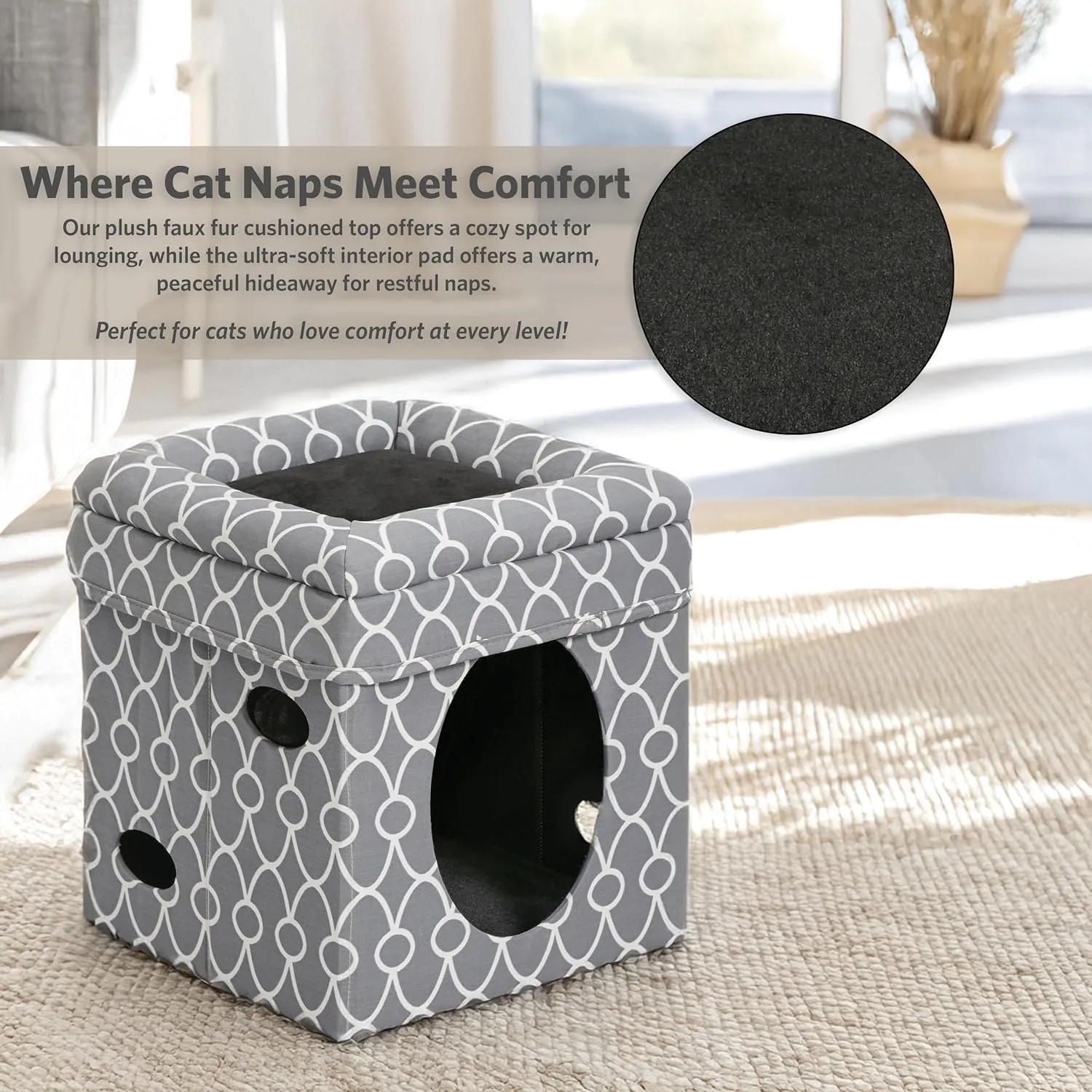 MidWest Homes for Pets Cat Cube Cozy Cat House/Cat Condo in Fashionable Gray Geo Print 15.5L x 15.5W x 16.5H Inches